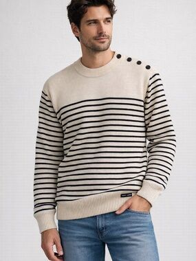 Saint James Men’s Cream Black Striped Fisherman Wool Sweater Shoulder Buttons XL